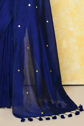 blue sequin work soft pure cotton saree with blouse piece