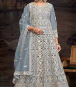 Firoji color designer net fabric beautiful anarkali dress for wedding looks