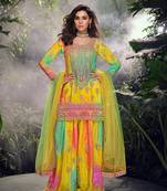 Yellow color chinon fabric heavy embroidered ethnic palazzo dress