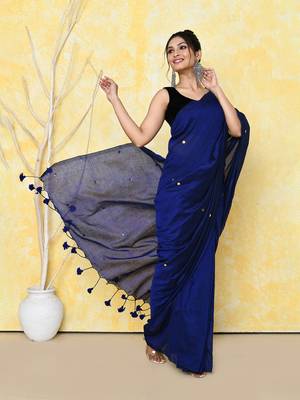 blue sequin work soft pure cotton saree with blouse piece 5
