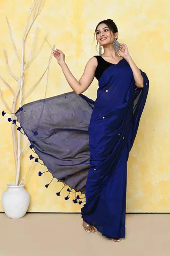 blue sequin work soft pure cotton saree with blouse piece