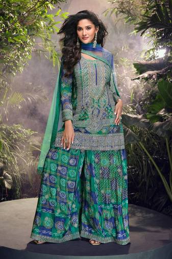 Green color chinon fabric heavy embroidered ethnic palazzo dress