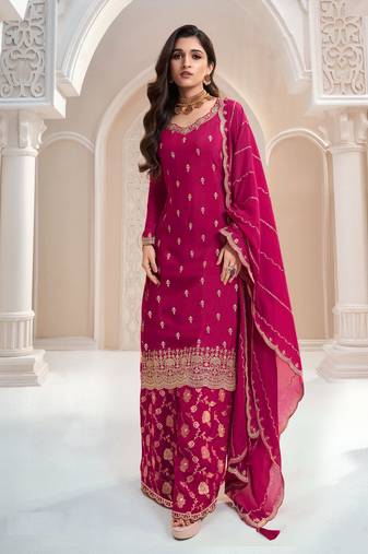 Pink color ethnic and designer chinon fabric heavy embroidered sharara suit