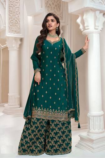 Green color ethnic and designer chinon fabric heavy embroidered sharara suit
