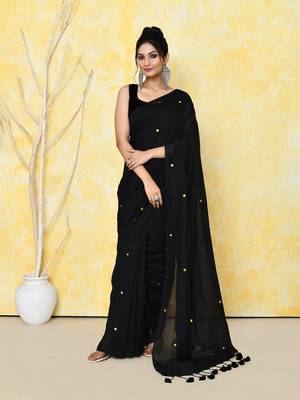 black sequin work soft pure cotton saree with blouse piece 1