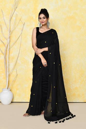 black sequin work soft pure cotton saree with blouse piece