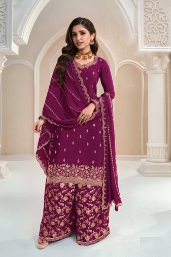 Wine color ethnic and designer chinon fabric heavy embroidered sharara suit