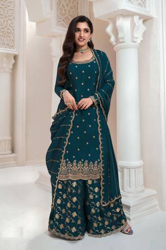 Rama color ethnic and designer chinon fabric heavy embroidered sharara suit