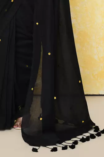 black sequin work soft pure cotton saree with blouse piece
