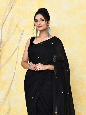 black sequin work soft pure cotton saree with blouse piece 4