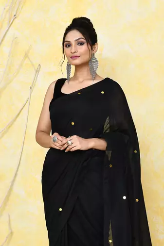 black sequin work soft pure cotton saree with blouse piece