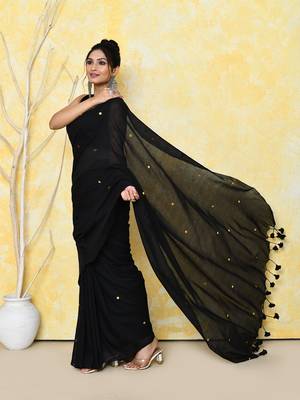 black sequin work soft pure cotton saree with blouse piece 5