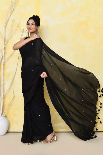 black sequin work soft pure cotton saree with blouse piece