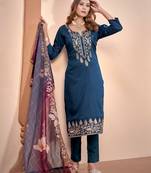 Blue color ethnic and rich looks muslin salwar kameez for wedding wear