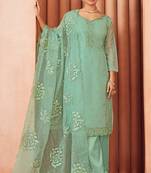 Sea green color designer thread embroidery work organza fabric ceremonial salwar kameez