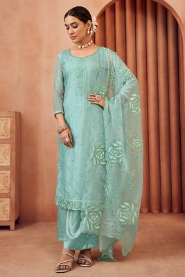 Sky blue color designer thread embroidery work organza fabric ceremonial salwar kameez 1