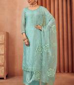 Sky blue color designer thread embroidery work organza fabric ceremonial salwar kameez