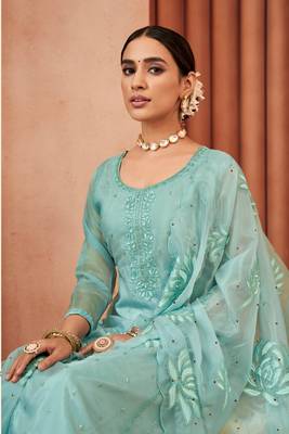 Sky blue color designer thread embroidery work organza fabric ceremonial salwar kameez 2