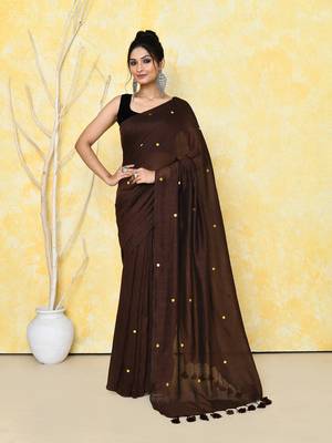 Chocolate brown sequin soft pure cotton saree with blouse piece 1