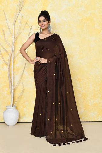 Chocolate brown sequin soft pure cotton saree with blouse piece