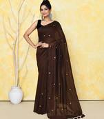 Chocolate brown sequin soft pure cotton saree with blouse piece