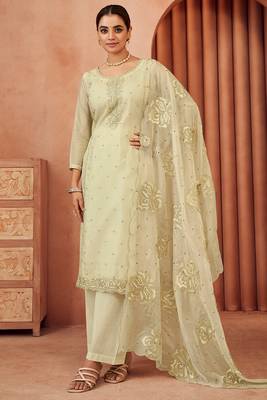 Beige color designer thread embroidery work organza fabric ceremonial salwar kameez 1