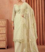 Beige color designer thread embroidery work organza fabric ceremonial salwar kameez