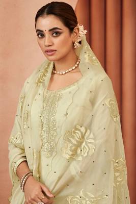 Beige color designer thread embroidery work organza fabric ceremonial salwar kameez 2