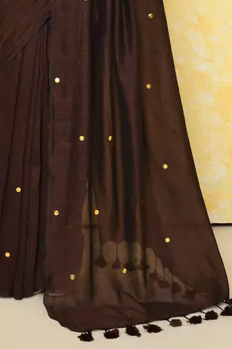 Chocolate brown sequin soft pure cotton saree with blouse piece