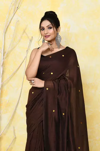 Chocolate brown sequin soft pure cotton saree with blouse piece