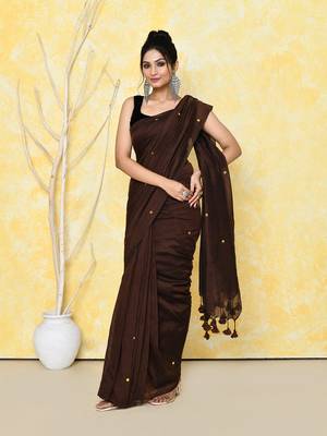 Chocolate brown sequin soft pure cotton saree with blouse piece 5