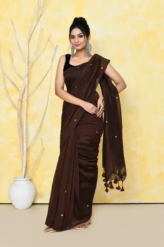 Chocolate brown sequin soft pure cotton saree with blouse piece
