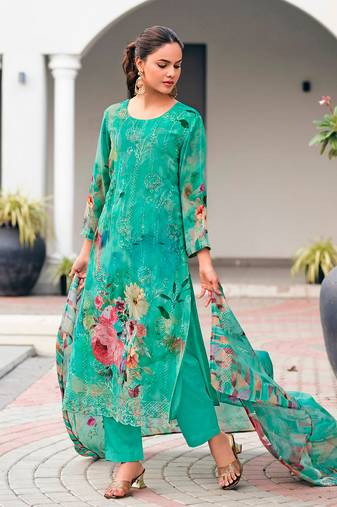 Sea green color designer digital printed salwar kameez with embroidery work georgette fabric