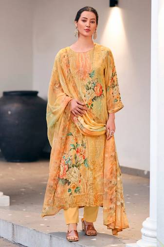 Mustard color designer digital printed salwar kameez with embroidery work georgette fabric