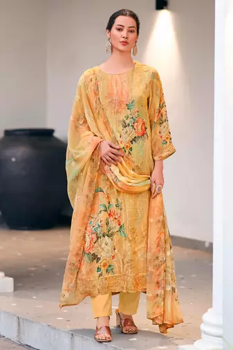 Mustard color designer digital printed salwar kameez with embroidery work georgette fabric