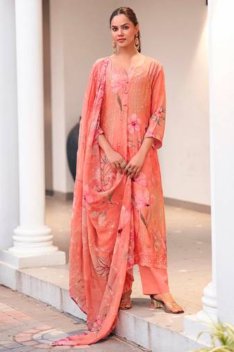 Peach color designer digital printed salwar kameez with embroidery work georgette fabric