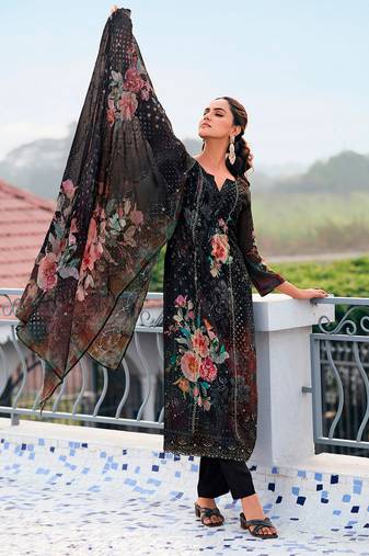 Black color designer digital printed salwar kameez with embroidery work georgette fabric