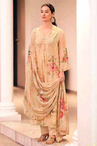 Beige color designer digital printed salwar kameez with embroidery work georgette fabric
