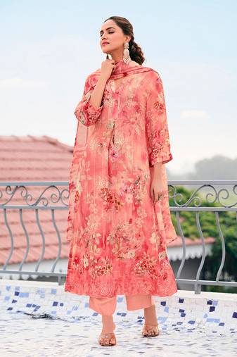 Salmon color designer digital printed salwar kameez with embroidery work georgette fabric