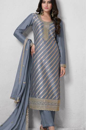 Grey color lotus silk fanric beautiful partywear salwar kameez