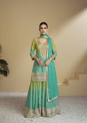 Sea green color chinon fabric bandhej palazzo dress with beautiful embroidery work 1