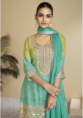 Sea green color chinon fabric bandhej palazzo dress with beautiful embroidery work 2