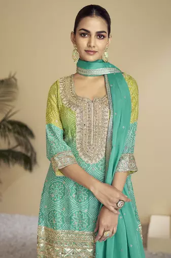 Sea green color chinon fabric bandhej palazzo dress with beautiful embroidery work