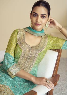 Sea green color chinon fabric bandhej palazzo dress with beautiful embroidery work 3