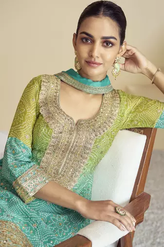 Sea green color chinon fabric bandhej palazzo dress with beautiful embroidery work