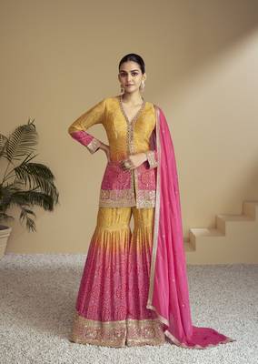 Mustard color chinon fabric bandhej palazzo dress with beautiful embroidery work 1
