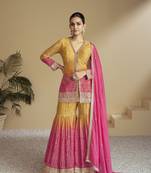 Mustard color chinon fabric bandhej palazzo dress with beautiful embroidery work