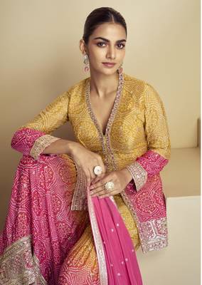 Mustard color chinon fabric bandhej palazzo dress with beautiful embroidery work 2