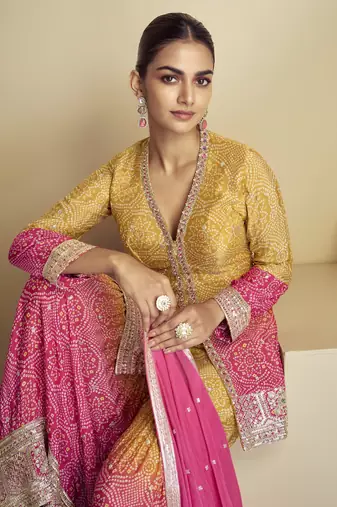Mustard color chinon fabric bandhej palazzo dress with beautiful embroidery work