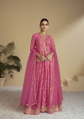 Pink color chinon fabric bandhej palazzo dress with beautiful embroidery work 1